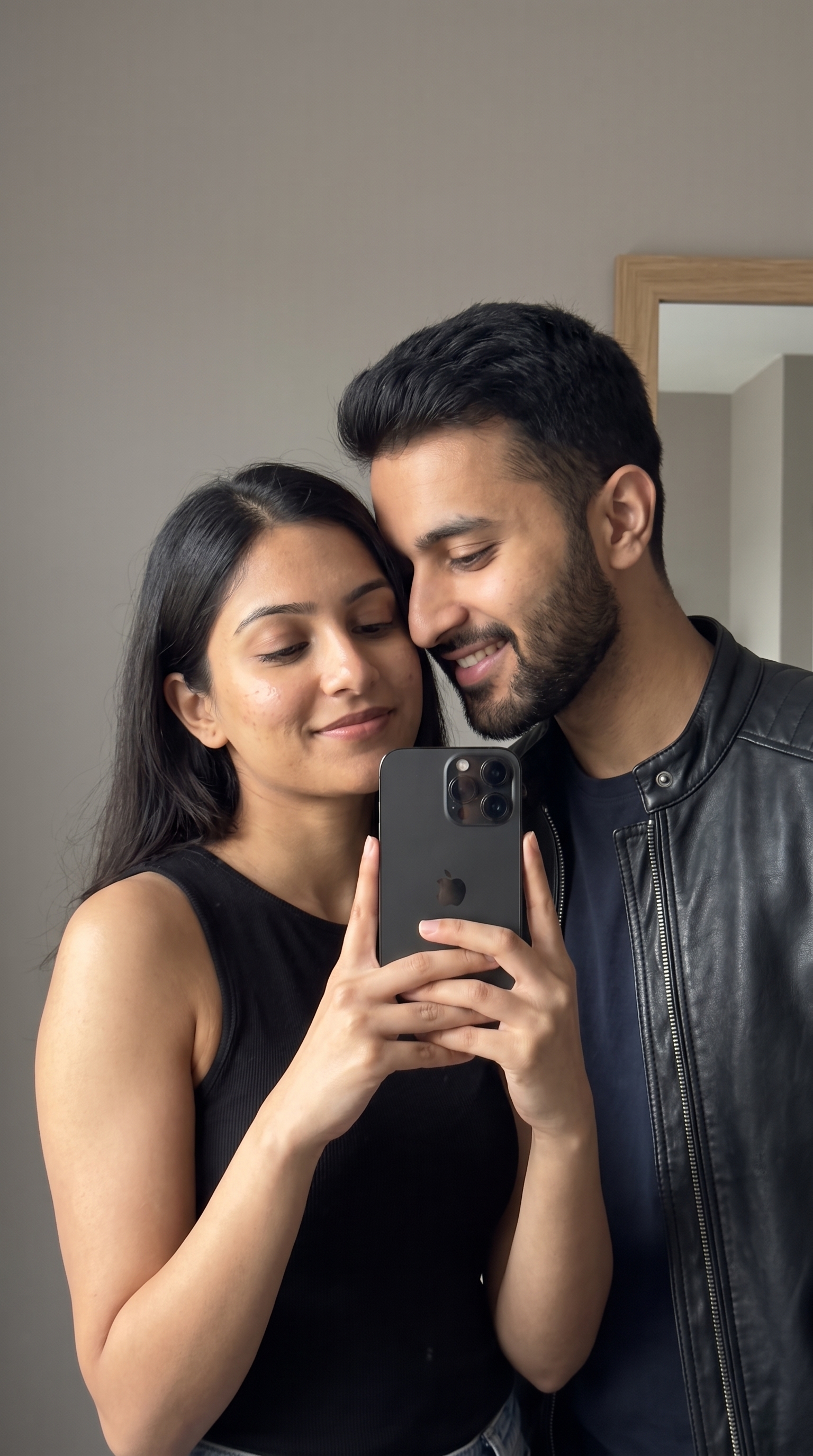 Example output for Couple Mirror Selfie Against Neutral Wall
