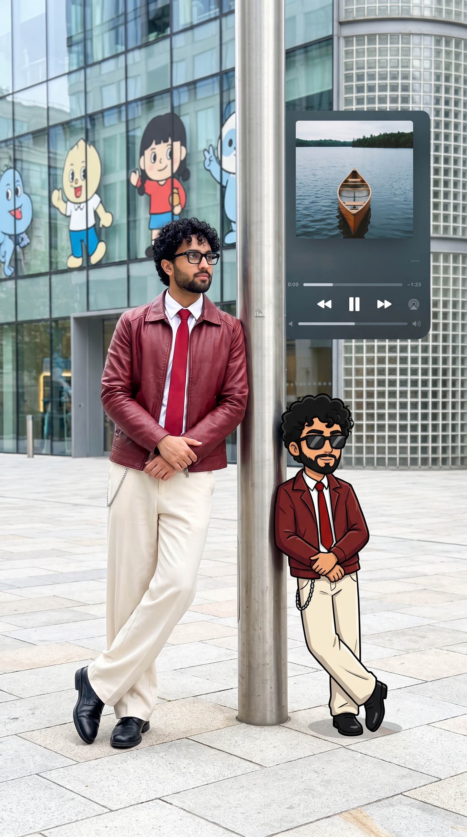 Example output for Man Leaning on Pole Beside Cartoon Twin, Urban Plaza